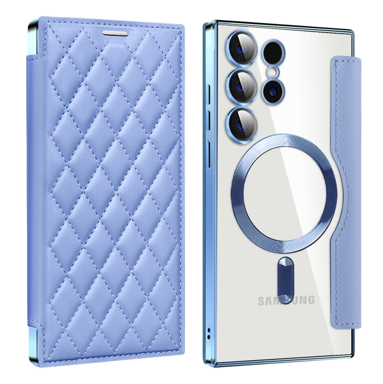 For Samsung Galaxy S24 Ultra 5G Shield MagSafe RFID Anti-theft Rhombus Leather Phone Case(Blue)