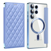 For Samsung Galaxy S24 Ultra 5G Shield MagSafe RFID Anti-theft Rhombus Leather Phone Case(Blue)