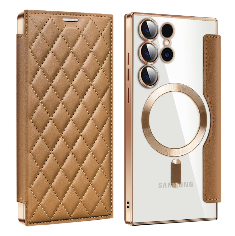 For Samsung Galaxy S24 Ultra 5G Shield Magsafe RFID Anti-theft Rhombus Leather Phone Case(Brown)