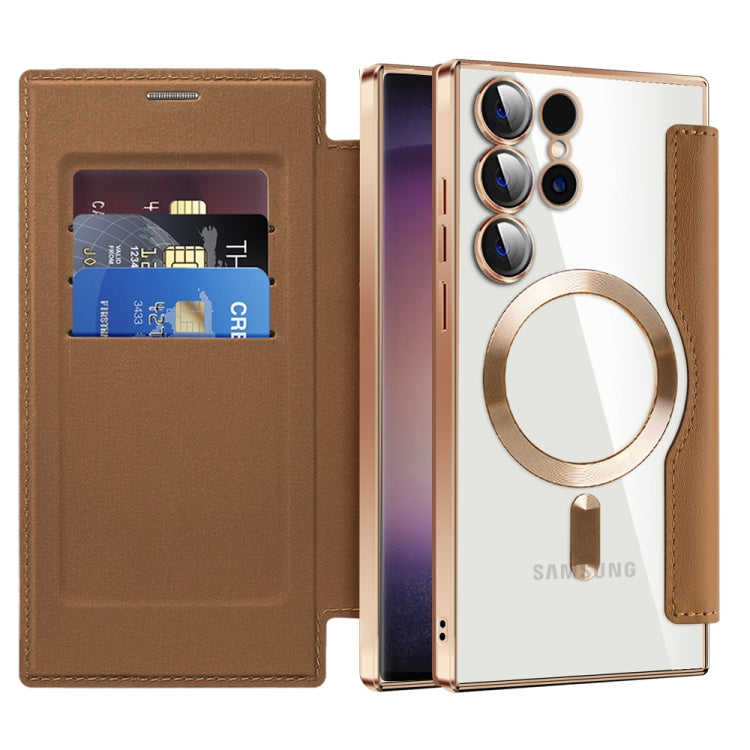 For Samsung Galaxy S24 Ultra 5G Shield Magsafe RFID Anti-theft Rhombus Leather Phone Case(Brown)