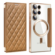 For Samsung Galaxy S24 Ultra 5G Shield Magsafe RFID Anti-theft Rhombus Leather Phone Case(Brown)