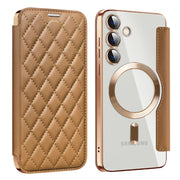 For Samsung Galaxy S24+ 5G Shield Magsafe RFID Anti-theft Rhombus Leather Phone Case(Brown)
