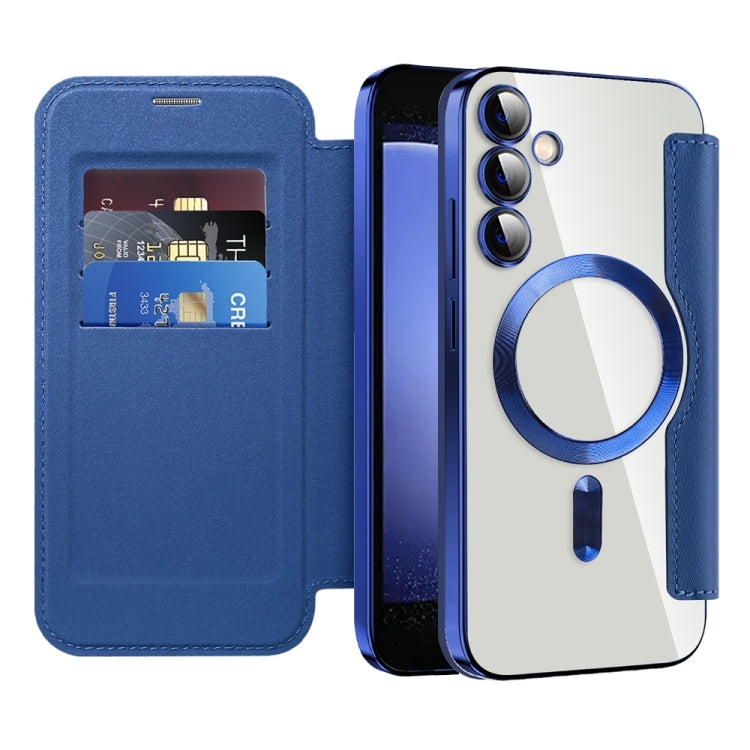 For Samsung Galaxy S23 FE 5G Shield MagSafe RFID Anti-theft Rhombus Leather Phone Case(Dark Blue)