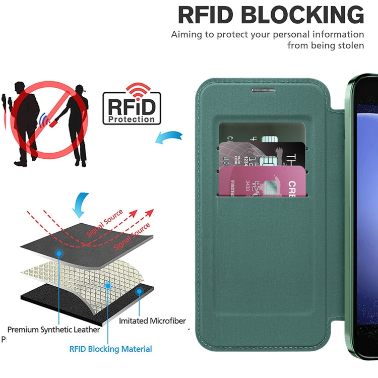 For Samsung Galaxy S23 FE 5G Shield MagSafe RFID Anti-theft Rhombus Leather Phone Case(Green)