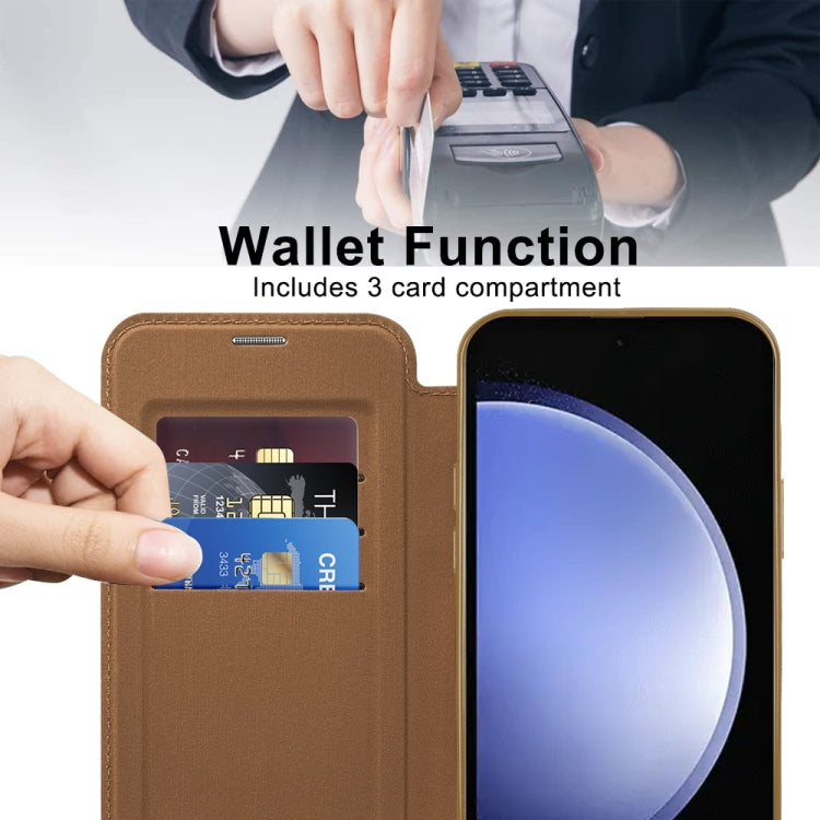 For Samsung Galaxy S23 FE 5G Shield Magsafe RFID Anti-theft Rhombus Leather Phone Case(Brown)