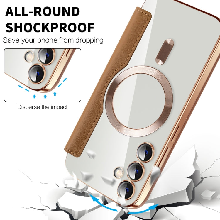 For Samsung Galaxy S23 FE 5G Shield Magsafe RFID Anti-theft Rhombus Leather Phone Case(Brown)