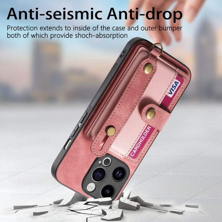 For iPhone 15 Pro Retro Cross Wristband Wallet Leather Back Phone Case(Pink)