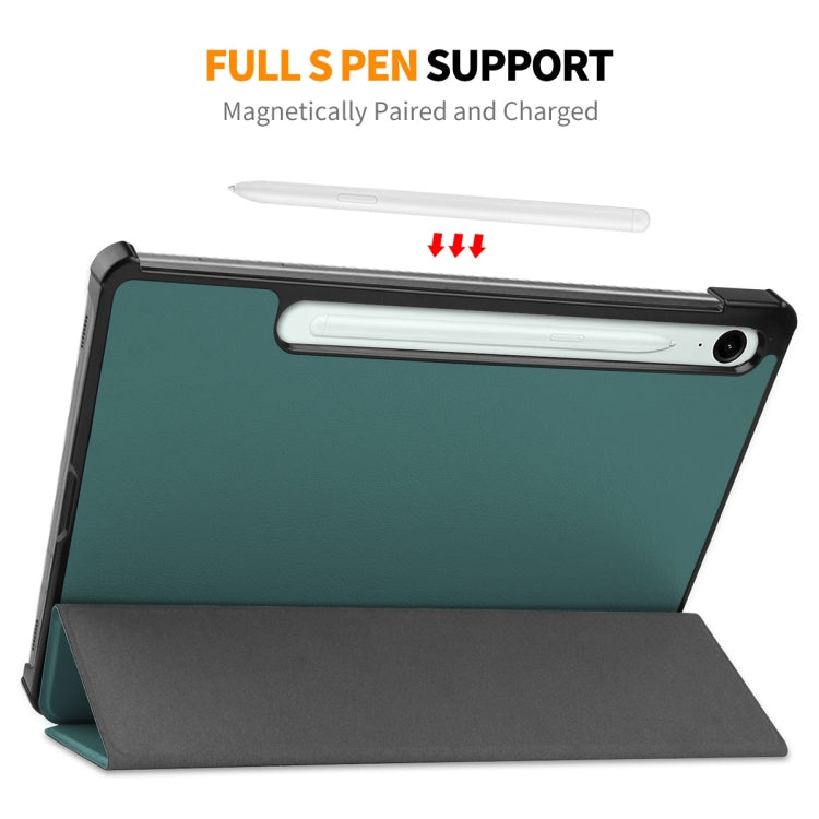 For Samsung Galaxy Tab S9 FE ENKAY Tri-fold Custer Texture Leather Smart Tablet Case(Dark Green)