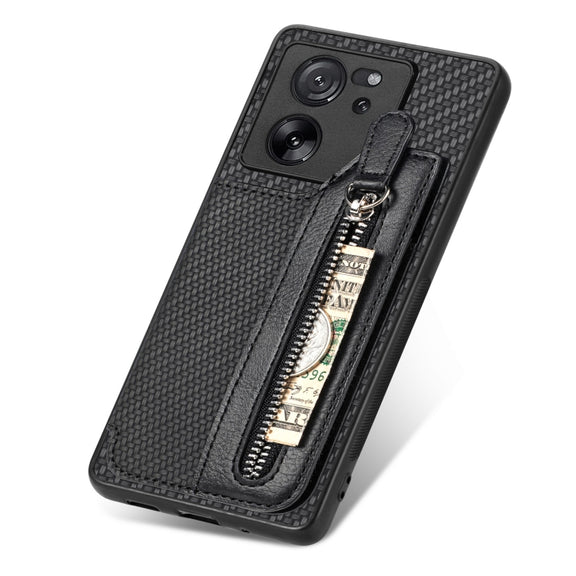 For Xiaomi 13T / 13T Pro Carbon Fiber Flip Zipper Wallet Phone Case(Black)