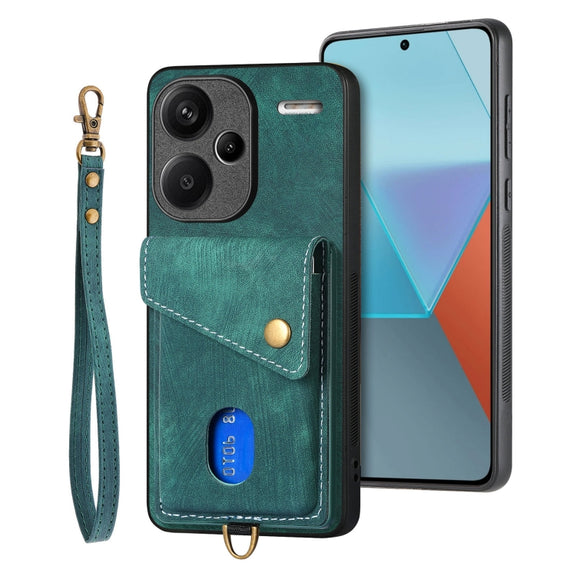 For Xiaomi Redmi Note 13 Pro+ Retro Card Wallet Fold Leather Phone Case with Strap(Green)