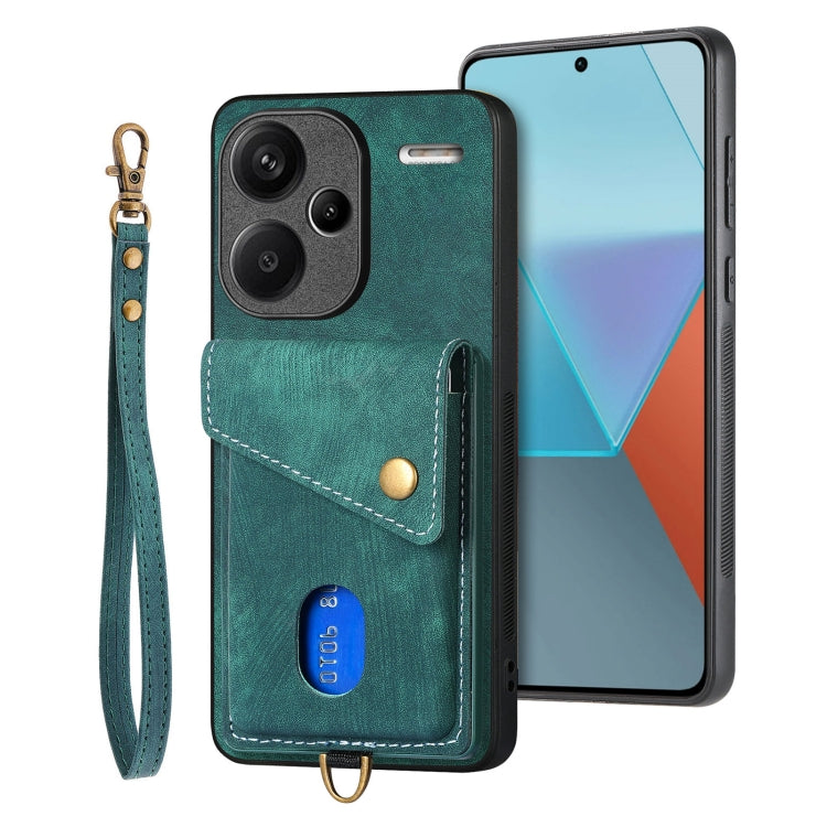 For Xiaomi Redmi Note 13 Pro+ Retro Card Wallet Fold Leather Phone Case with Strap(Green)