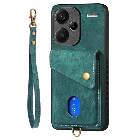 For Xiaomi Redmi Note 13 Pro+ Retro Card Wallet Fold Leather Phone Case with Strap(Green)