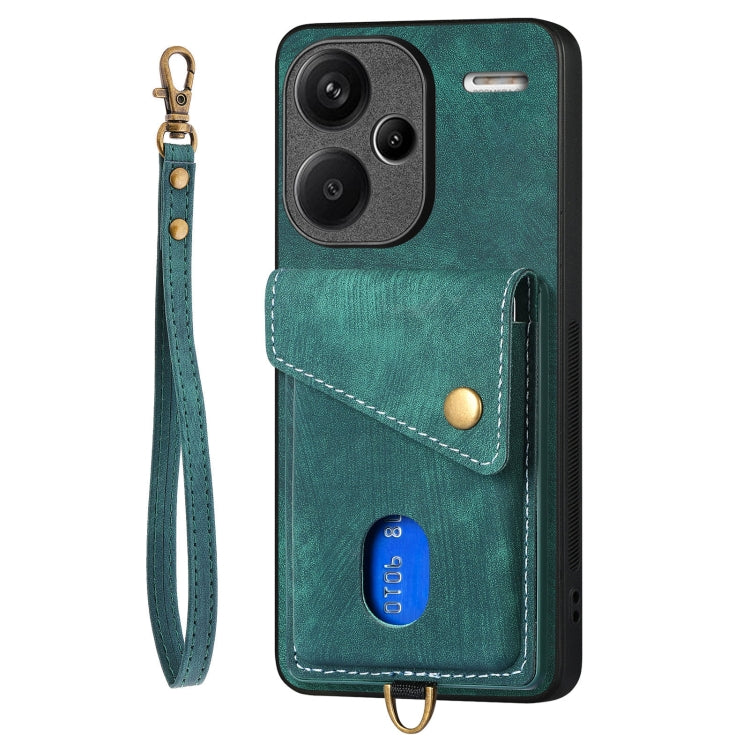 For Xiaomi Redmi Note 13 Pro+ Retro Card Wallet Fold Leather Phone Case with Strap(Green)