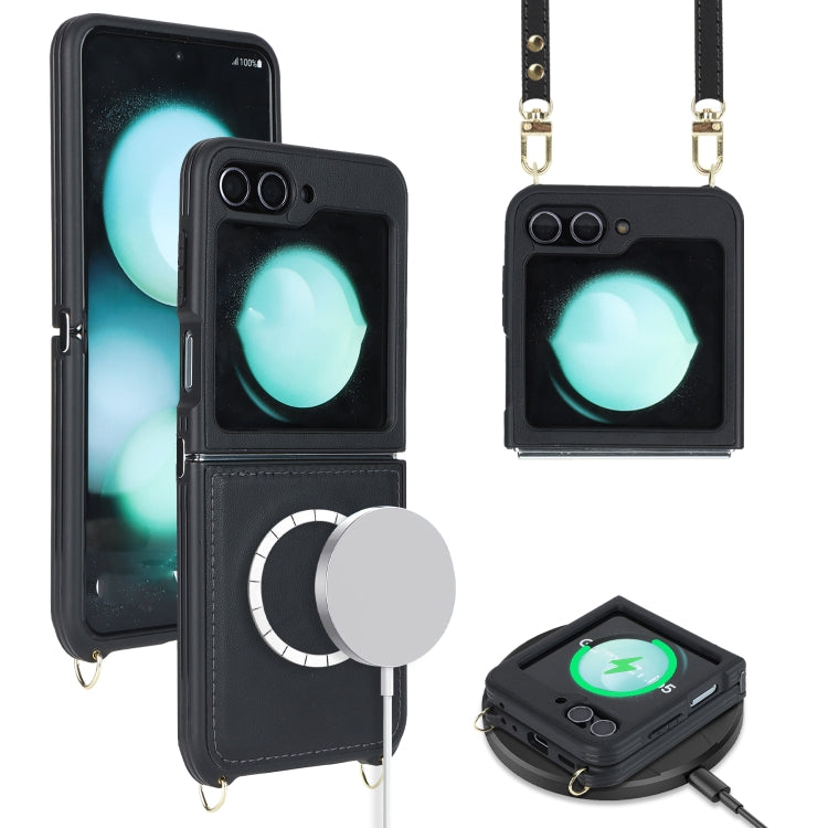 For Samsung Galaxy Z Flip5 5G Crossbody R20 Texture Leather Magsafe Phone Case(Black)
