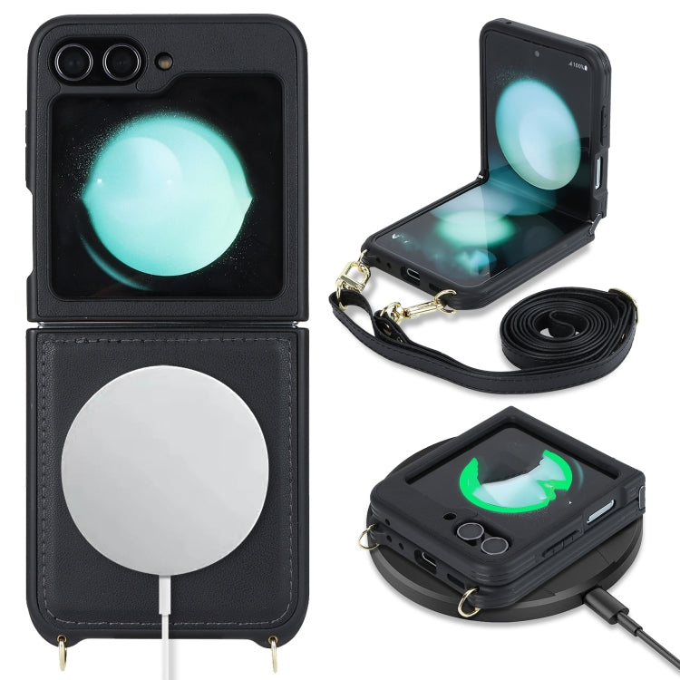For Samsung Galaxy Z Flip5 5G Crossbody R20 Texture Leather Magsafe Phone Case(Black)