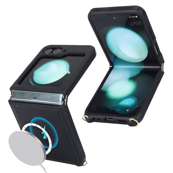For Samsung Galaxy Z Flip5 5G Crossbody R20 Texture Leather Magsafe Phone Case(Black)