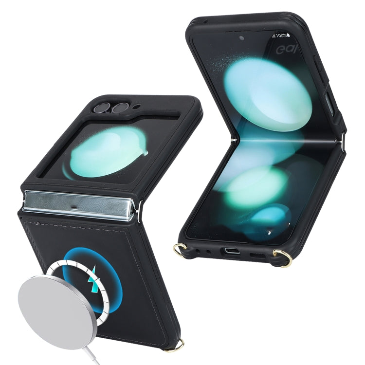 For Samsung Galaxy Z Flip5 5G Crossbody R20 Texture Leather Magsafe Phone Case(Black)