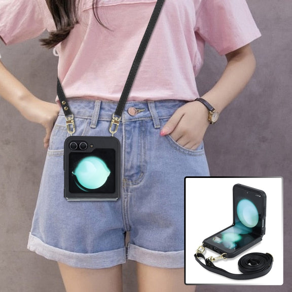 For Samsung Galaxy Z Flip5 5G Crossbody R20 Texture Leather Magsafe Phone Case(Black)