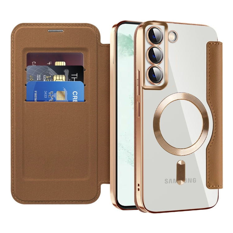 For Samsung Galaxy S22+ 5G Shield MagSafe RFID Anti-theft Leather Phone Case(Brown)