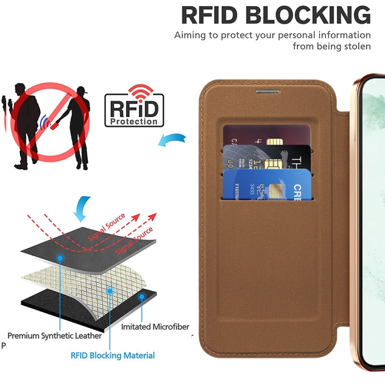 For Samsung Galaxy S22+ 5G Shield MagSafe RFID Anti-theft Leather Phone Case(Brown)