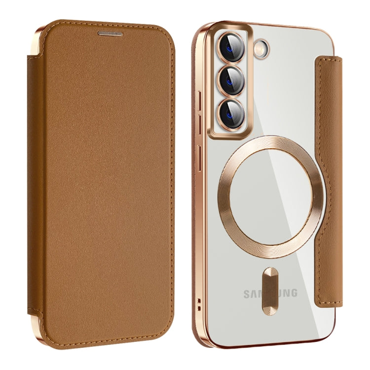 For Samsung Galaxy S22 5G Shield MagSafe RFID Anti-theft Leather Phone Case(Brown)