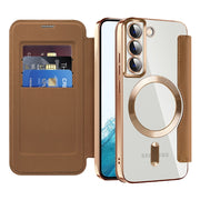 For Samsung Galaxy S22 5G Shield MagSafe RFID Anti-theft Leather Phone Case(Brown)