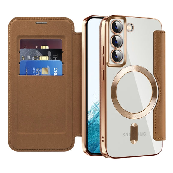 For Samsung Galaxy S22 5G Shield MagSafe RFID Anti-theft Leather Phone Case(Brown)