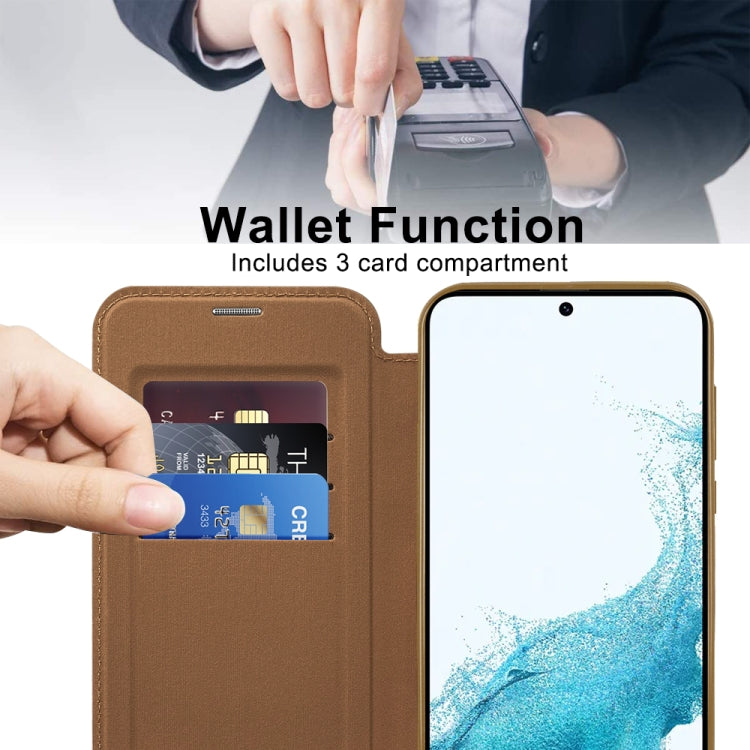 For Samsung Galaxy S22 5G Shield MagSafe RFID Anti-theft Leather Phone Case(Brown)