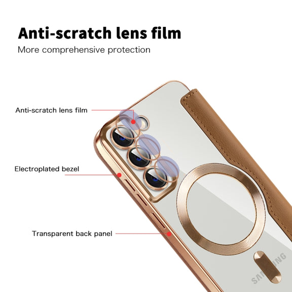 For Samsung Galaxy S22 5G Shield MagSafe RFID Anti-theft Leather Phone Case(Brown)