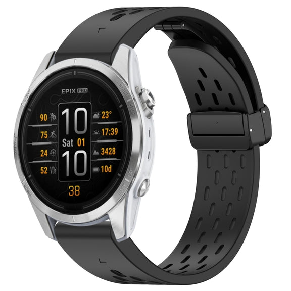 Compatible with Garmin Epix Pro 42mm 20mm Holes Magnetic Folding Buckle Silicone Watch Band(Black)