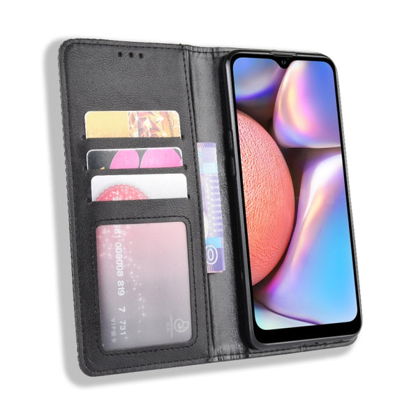 For Galaxy A10s Magnetic Buckle Retro Crazy Horse Texture Horizontal Flip Leather Case with Holder & Card Slots & Photo Frame(Black)