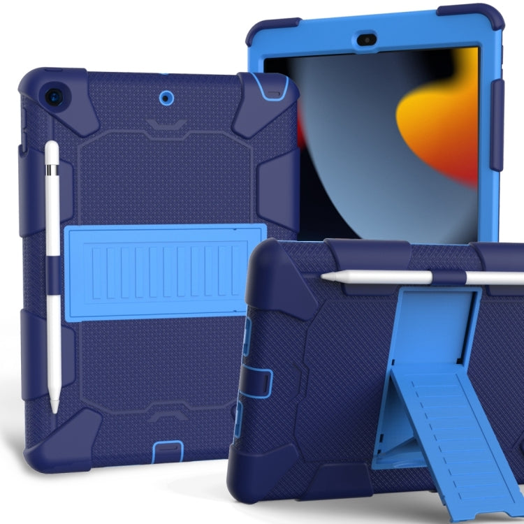For iPad 10.2 Shockproof Two-Color Silicone Protection Case with Holder & Pen Slot(Dark Blue+Blue)