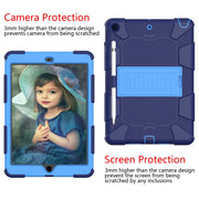 For iPad 10.2 Shockproof Two-Color Silicone Protection Case with Holder & Pen Slot(Dark Blue+Blue)