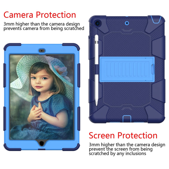 For iPad 10.2 Shockproof Two-Color Silicone Protection Case with Holder & Pen Slot(Dark Blue+Blue)