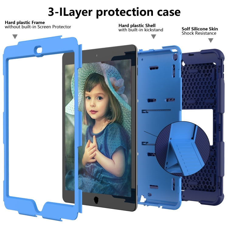 For iPad 10.2 Shockproof Two-Color Silicone Protection Case with Holder & Pen Slot(Dark Blue+Blue)