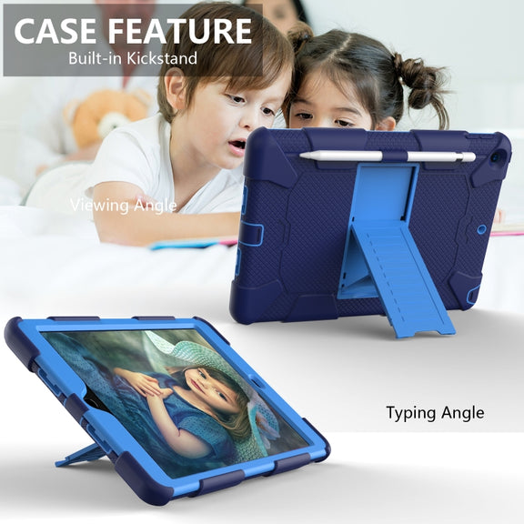 For iPad 10.2 Shockproof Two-Color Silicone Protection Case with Holder & Pen Slot(Dark Blue+Blue)