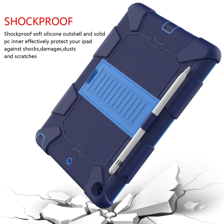 For iPad 10.2 Shockproof Two-Color Silicone Protection Case with Holder & Pen Slot(Dark Blue+Blue)