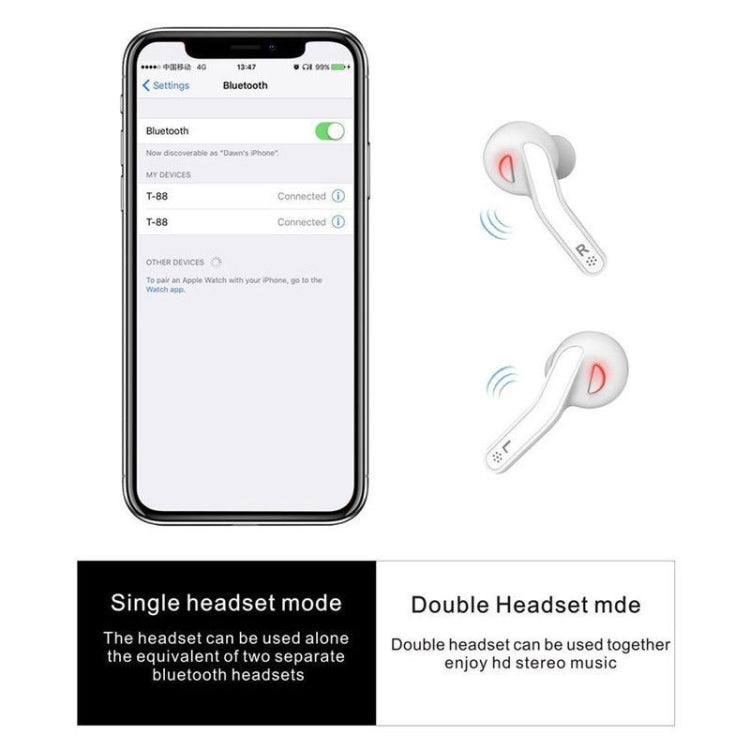 T88 Mini Touch Control Hifi Wireless Bluetooth Earphones TWS Wireless Earbuds with Charger Box(White)