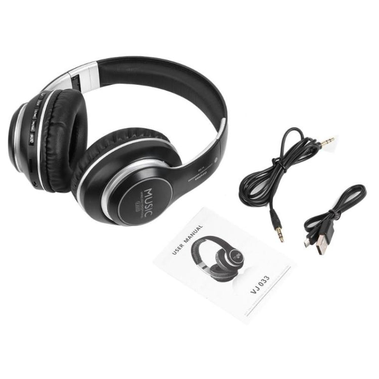 VJ033 Multi-function Upgrade Bluetooth 5.0 Headset Stereo Wireless LED Microphone FM Radio Headset(Black)