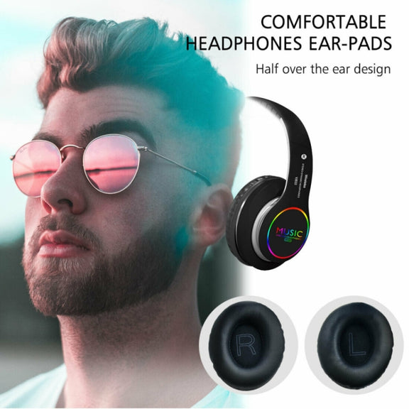VJ033 Multi-function Upgrade Bluetooth 5.0 Headset Stereo Wireless LED Microphone FM Radio Headset(Red)