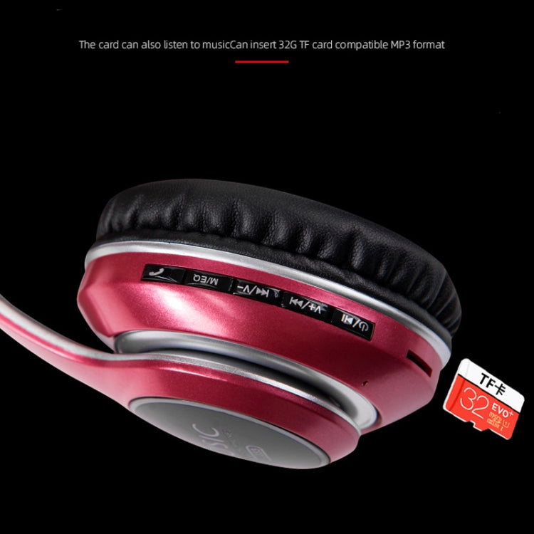VJ033 Multi-function Upgrade Bluetooth 5.0 Headset Stereo Wireless LED Microphone FM Radio Headset(Red)