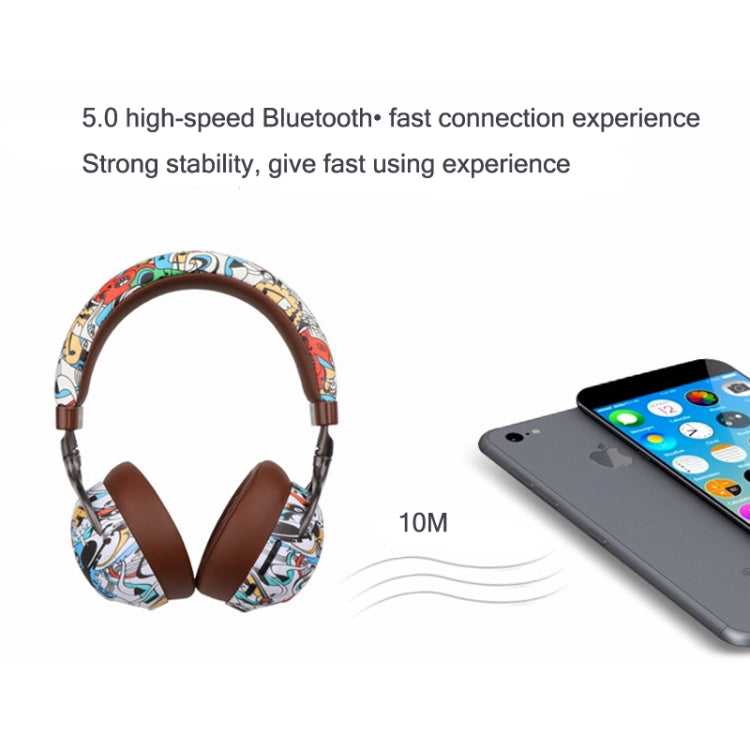 VJ086 Graffiti Headset Wireless Sports Bluetooth Headset Water Transfer Color Print Headset, Support TF, FM(Black+White)