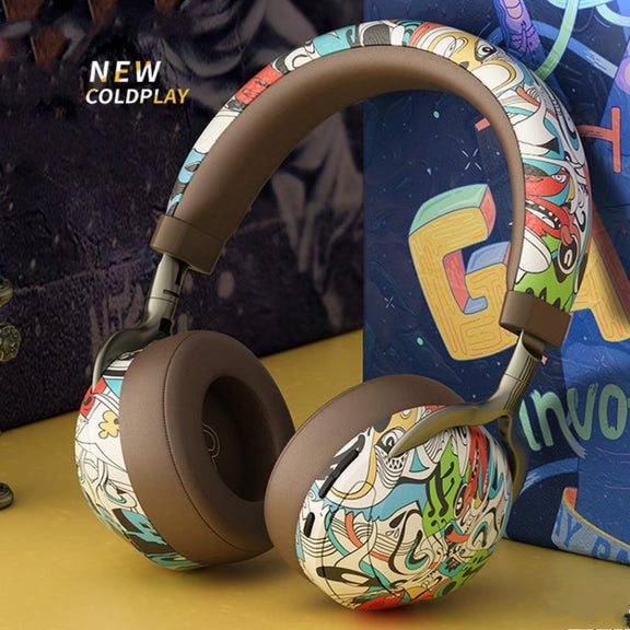 VJ086 Graffiti Headset Wireless Sports Bluetooth Headset Water Transfer Color Print Headset, Support TF, FM(Black+White)
