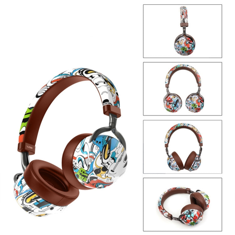 VJ086 Graffiti Headset Wireless Sports Bluetooth Headset Water Transfer Color Print Headset, Support TF, FM(Black+White)