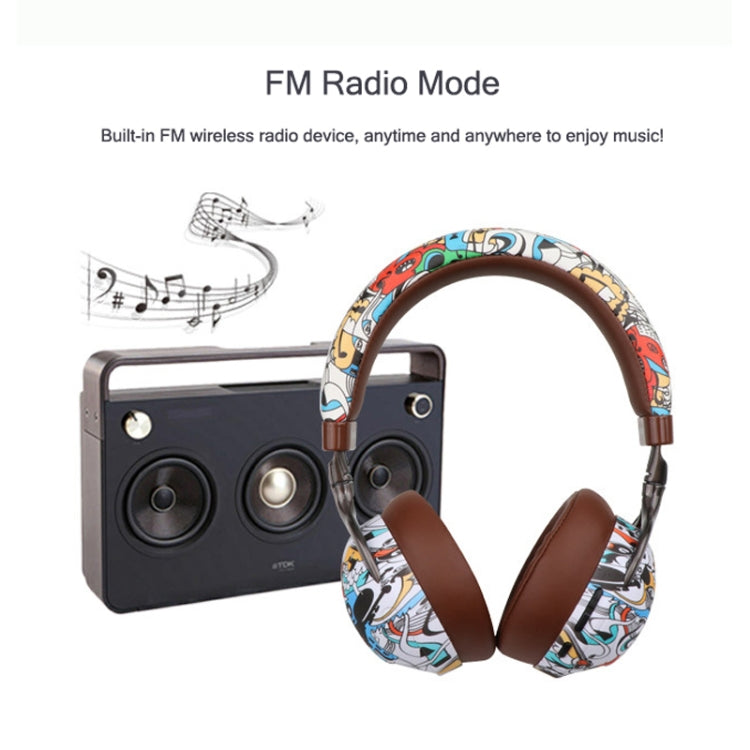 VJ086 Graffiti Headset Wireless Sports Bluetooth Headset Water Transfer Color Print Headset, Support TF, FM(Black+White)