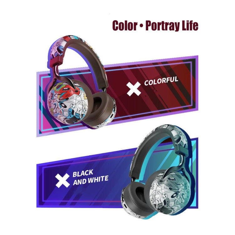 VJ086 Graffiti Headset Wireless Sports Bluetooth Headset Water Transfer Color Print Headset, Support TF, FM(Black+White)