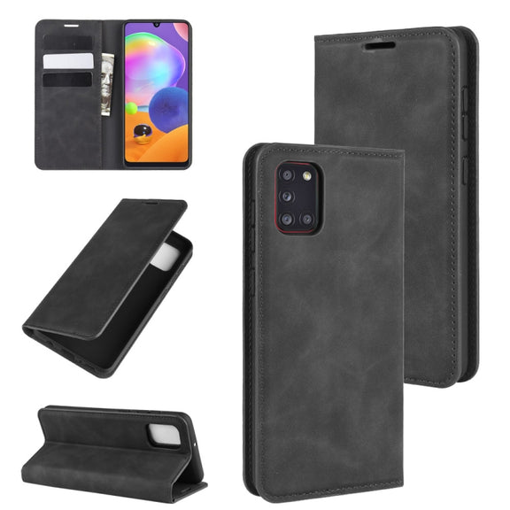 For Galaxy A31 Retro-skin Business Magnetic Suction Leather Case with Holder & Card Slots & Wallet(Black)