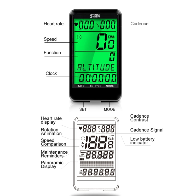 SUNDING SD-577C  Cycling Computer LCD Backlight Water-resistant Wireless Stopwatch MTB Bike Odometer Stopwatch Bicycle Speedometer