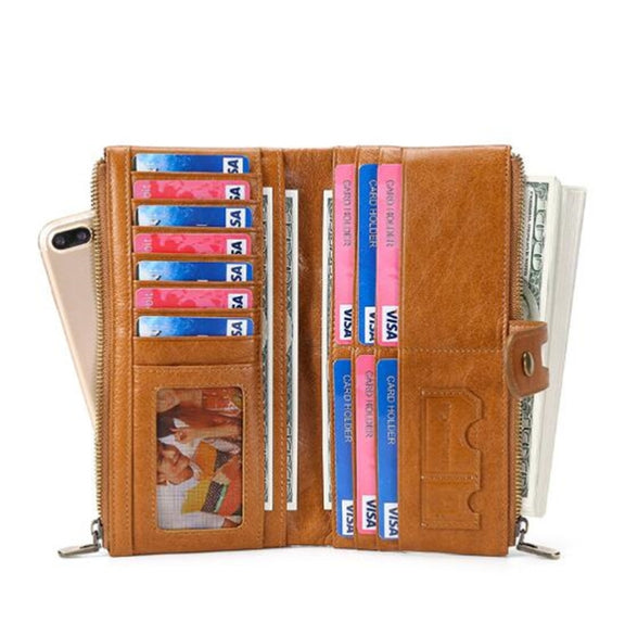 Ladies Genuine Leather Long Wallet Anti-theft Card Bag Multifunctional Clutch Bag(Coffee)