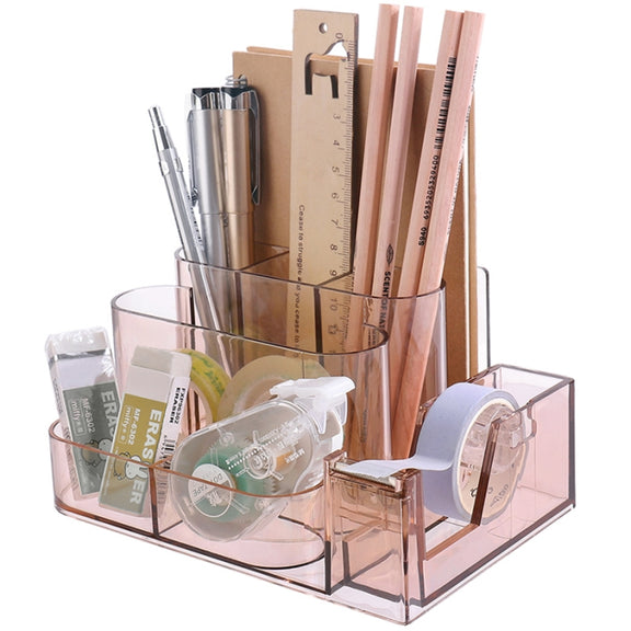 Transparent Acrylic Stationery Storage Box Creative Desk Organizer Plastic Compartment Pen Holder Office Accessories(Brown)